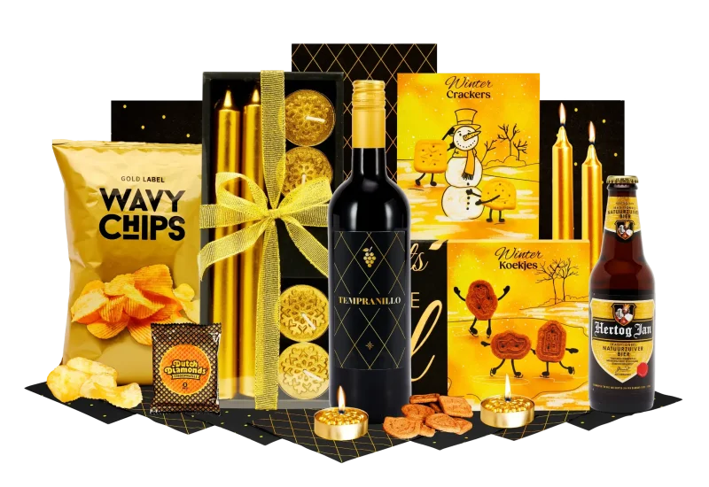 Goud feest kerstpakket met wijn en lekkernijen