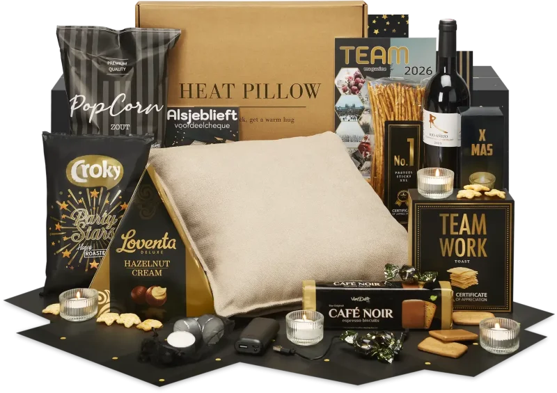 Kus(sent)je kerstpakket met warmtekussen en lekkernijen